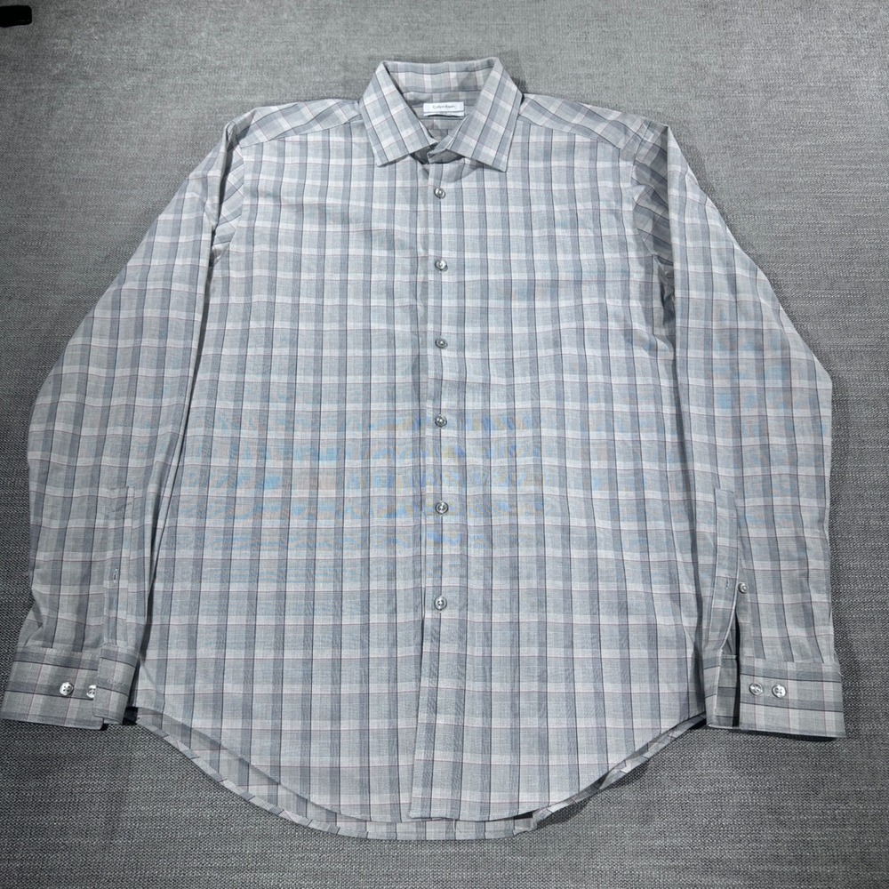 Calvin Klein Dress Shirt Mens L Gray Plaid Slim Fit 4-Way Stretch Excellent